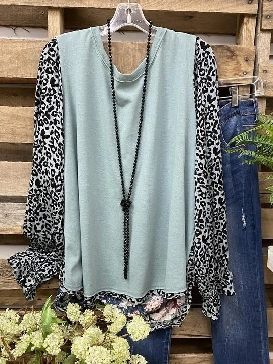 Blue Cotton-Blend Leopard Shift Long Sleeve Shirts & Tops for Women