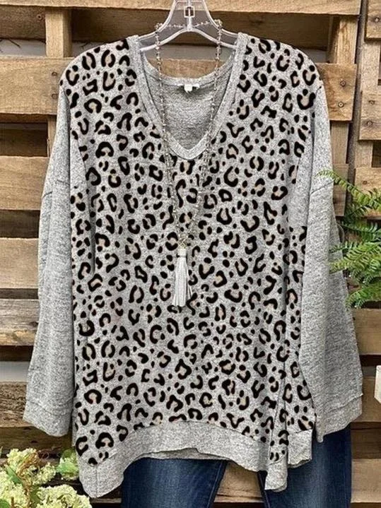 Casual Long Sleeve Color-Block Leopard Shirts & Tops