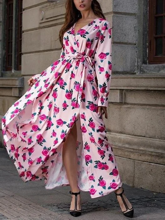 Floral Printed V Neck Long Sleeve Split Hem Maxi Dress for Women