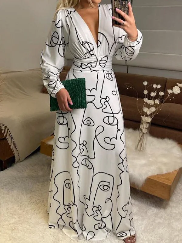 Women's Dresses Abstract Line Print V-Neck Long Sleeve Dress