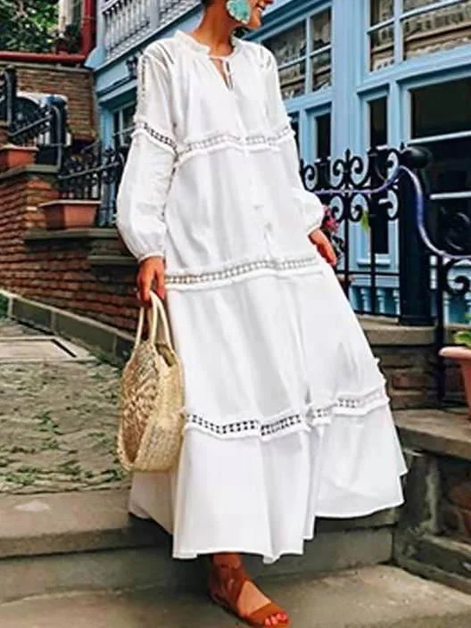 Women's Dresses Lace-Up Lace Stitching Long Sleeve Maxi Dress