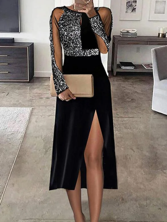 Women's Dresses Mesh Sequin Stitching Long Sleeve Split Dress