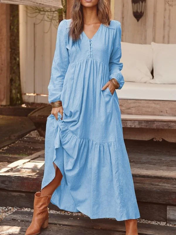 Women's Dresses V-Neck Vintage Buttoned Long Sleeve Dress