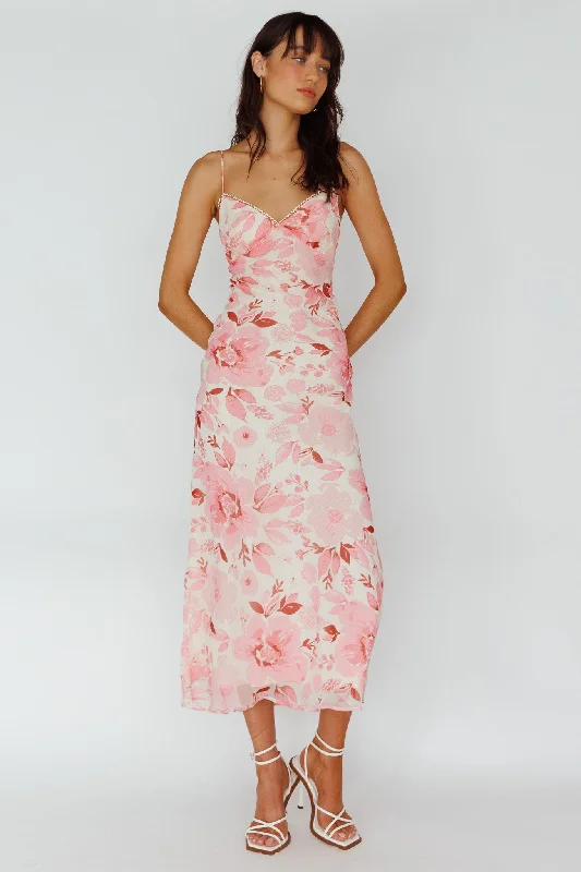 Egypt Cami Strap Midi Dress Floral Pink