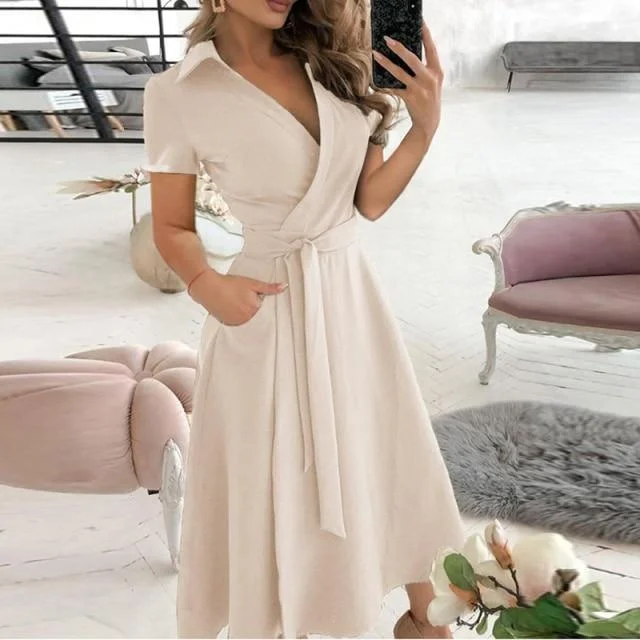 Elegant V-Neck Short Sleeve Lace Up Female Print Dress