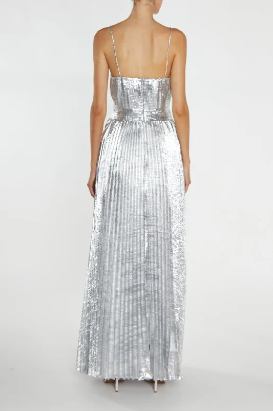 Kate Silver Crinkle Pleated Strappy Maxi Dress