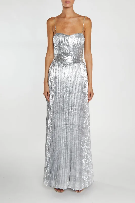 Kate Silver Crinkle Pleated Strappy Maxi Dress