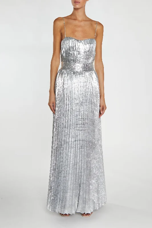 Kate Silver Crinkle Pleated Strappy Maxi Dress