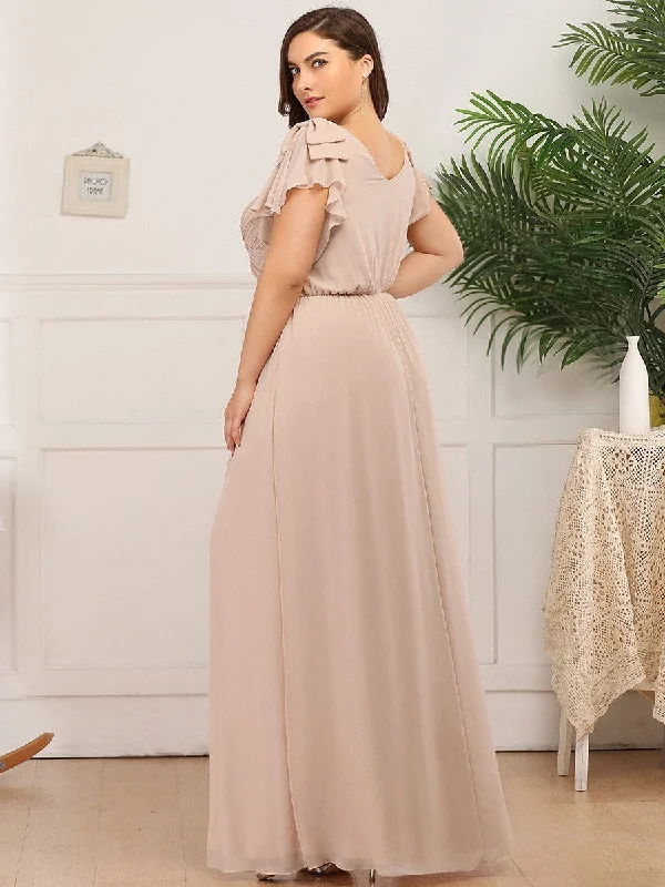 Maxi Long Chiffon Ruffles Sleeves Plus Size Wholesale Evening Dresses