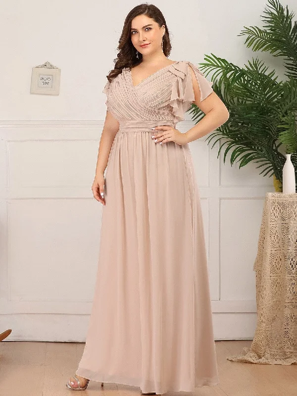 Maxi Long Chiffon Ruffles Sleeves Plus Size Wholesale Evening Dresses