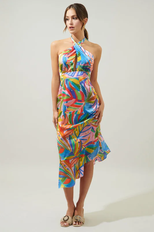 New Guinea Asymmetrical Ruched Midi Halter Dress