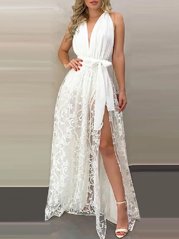 Ruched Backless Lace High Slit Maxi Dress for Women