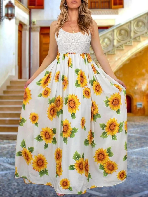 Scoop Neck Sunflower Print Maxi Dress for Women