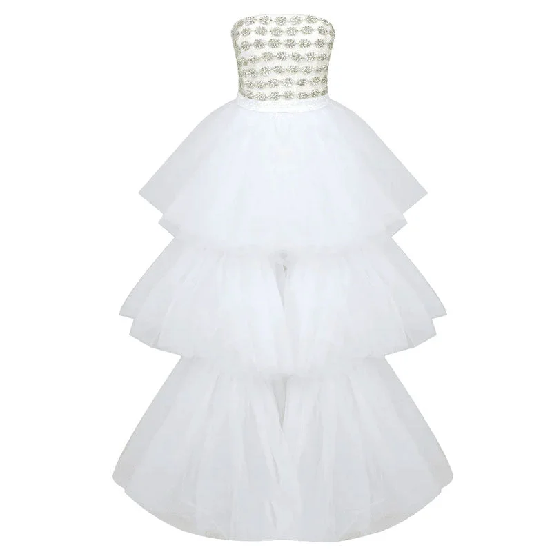 Sparkly Leaf Crystal Trim Strapless Puffy Layered Ruffle High Low Tulle Dress