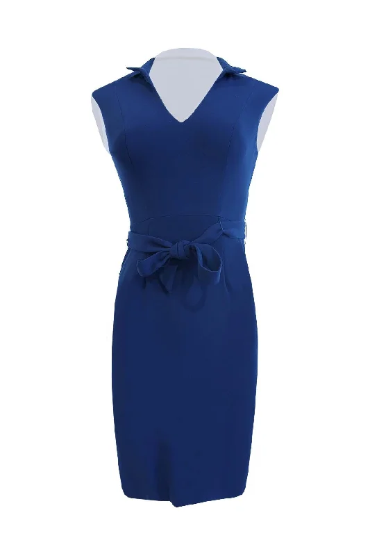 Navy Sleeveless Collared Dress With Belt