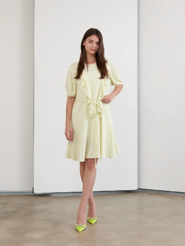 Linen Volume Sleeve Ruffle Dress In Lime