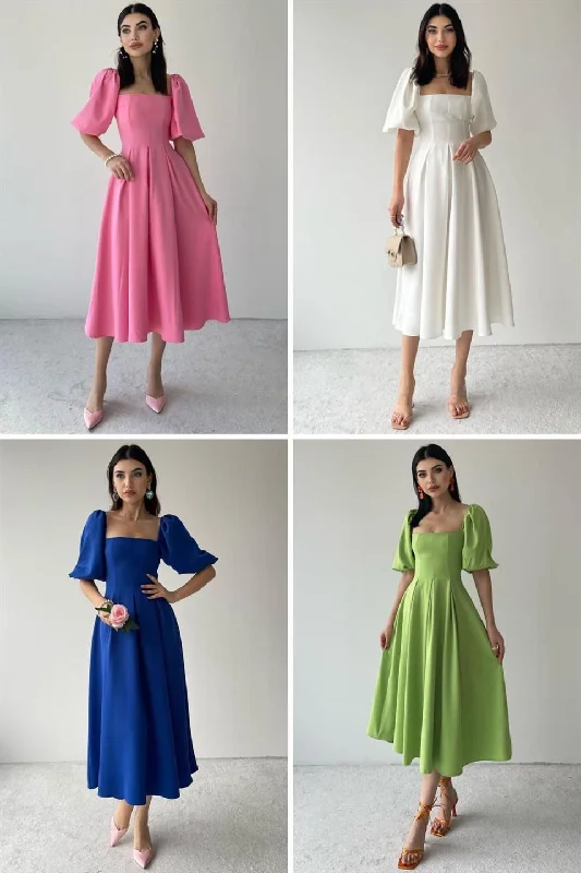 Atlas Fabric Watermelon Sleeve Square Collar Colorful Midi Length Dress REF  : 7988