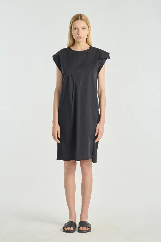 Black poplin and jersey straight day dress