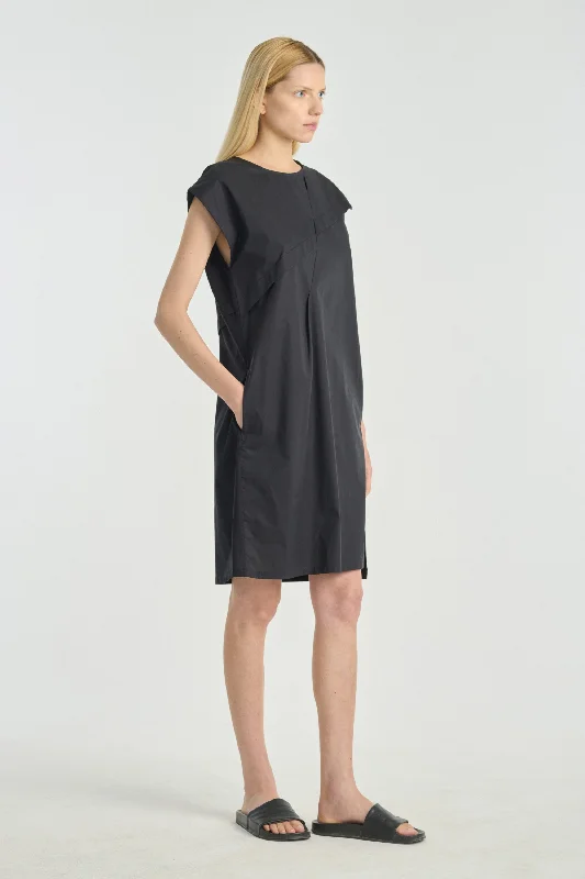 Black poplin and jersey straight day dress