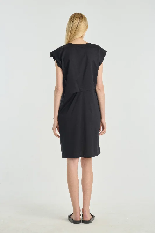 Black poplin and jersey straight day dress