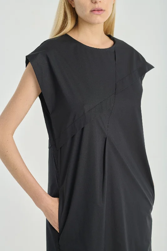 Black poplin and jersey straight day dress