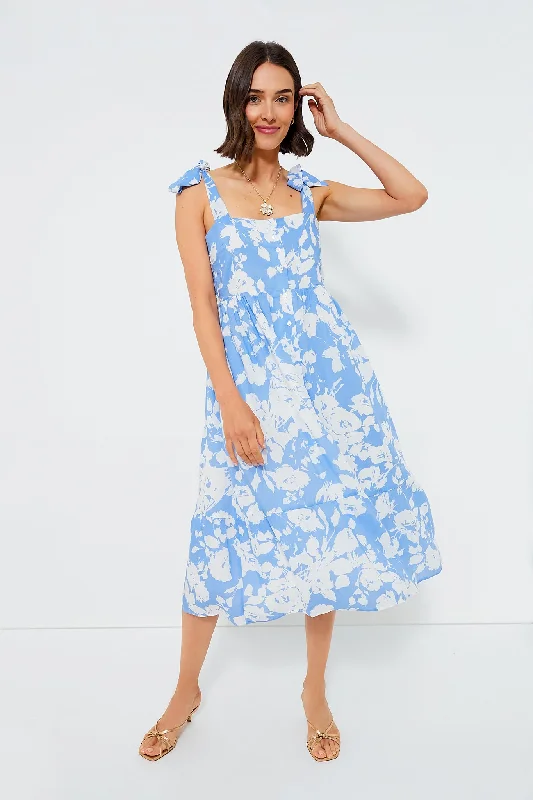 Blue and White Floral Lupine Midi Dress