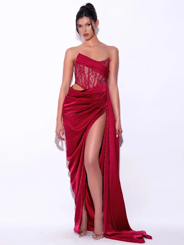 Callie Red Lace Satin Corset High Slit Gown