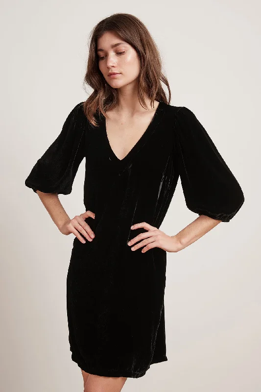 CARISSA SILK VELVET PUFF SLEEVE DRESS