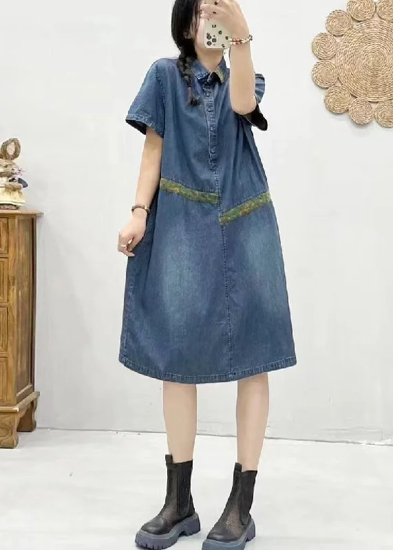 Chic Blue Peter Pan Collar Patchwork Denim Dress Summer FF007