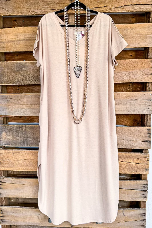 Cold Shoulder Maxi T-shirt Dress - Taupe