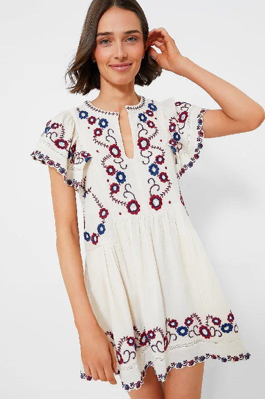 Cream Multi Soren Embroidery Short Sleeve Dress