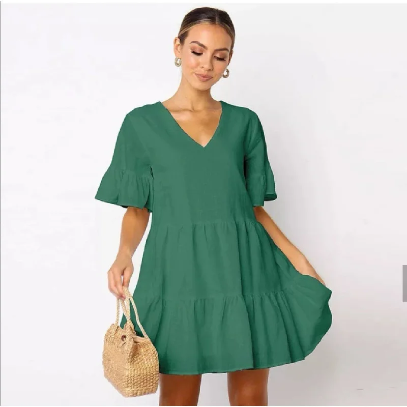 Deep V-Neck Short Sleeve Mini Dress