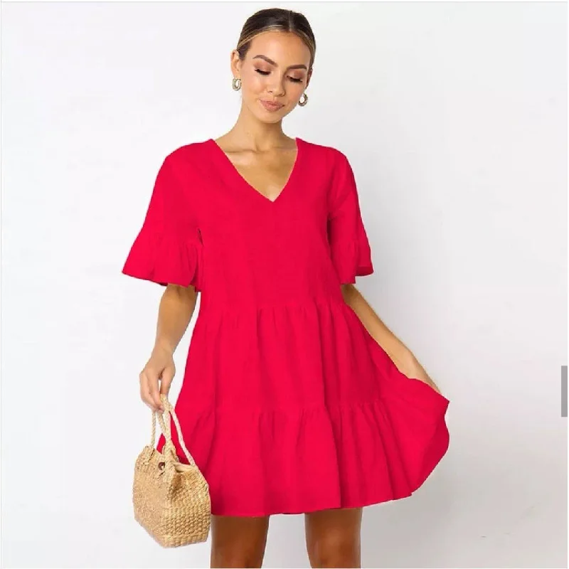 Deep V-Neck Short Sleeve Mini Dress