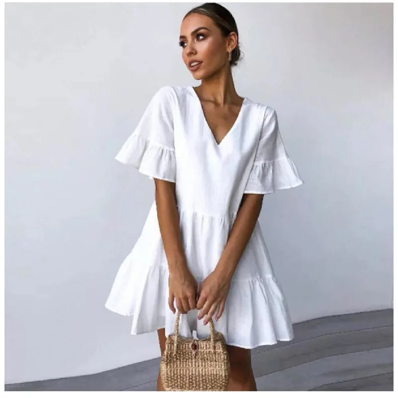 Deep V-Neck Short Sleeve Mini Dress