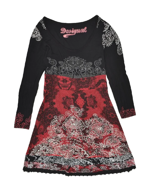 DESIGUAL Womens Graphic Long Sleeve A-Line Dress UK 14 Large Black Floral