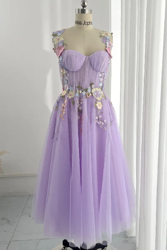 Embroidery Floral Midi Lavender Prom Dress