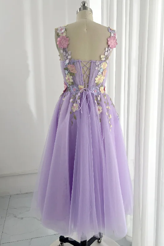 Embroidery Floral Midi Lavender Prom Dress