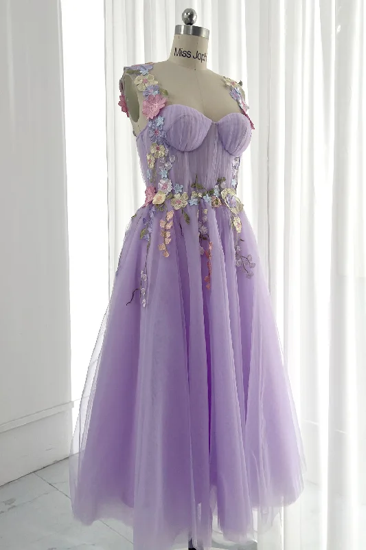 Embroidery Floral Midi Lavender Prom Dress