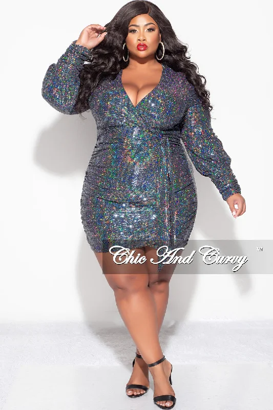 Final Sale Plus Size Long Sleeve Bodycon Confetti Dot Knit Sequin Dress in Silver with Black Background