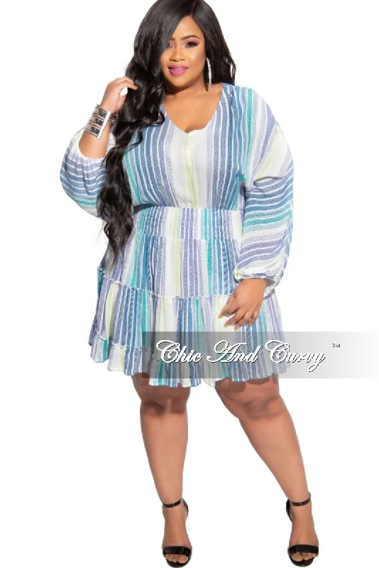 Final Sale Plus Size Baby-Doll Dress in Blue Multi Stripe