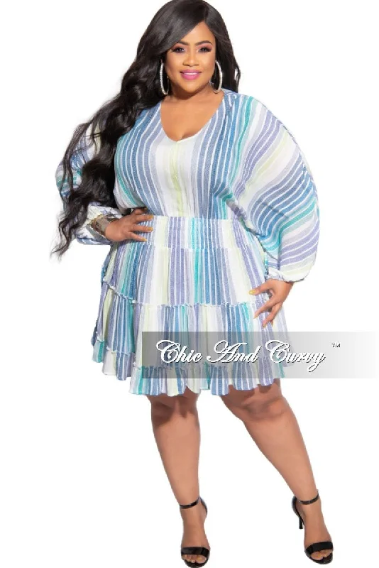 Final Sale Plus Size Baby-Doll Dress in Blue Multi Stripe