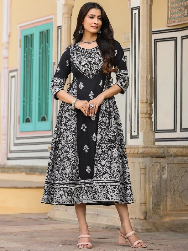 Juniper  Black & White Ethnic Motif Printed Pure Cotton Flared Maxi Dress With Beads & Sequins