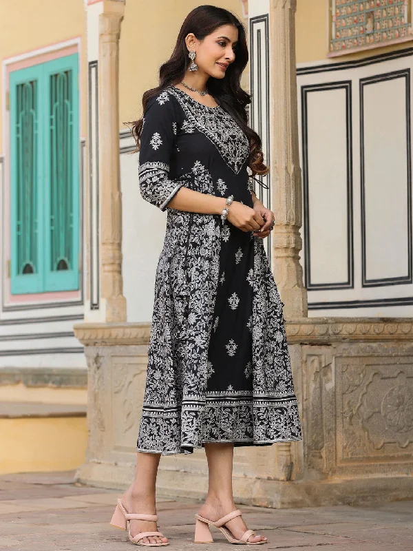 Juniper  Black & White Ethnic Motif Printed Pure Cotton Flared Maxi Dress With Beads & Sequins