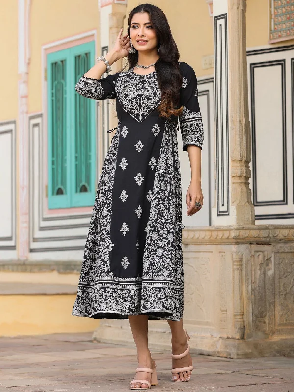 Juniper  Black & White Ethnic Motif Printed Pure Cotton Flared Maxi Dress With Beads & Sequins