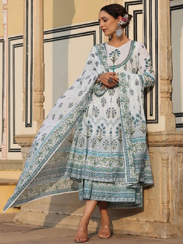 Juniper  Sky Blue Ethnic Motif Printed Pure Cotton Layered Dress & Kota Dupatta Set With Thread Work