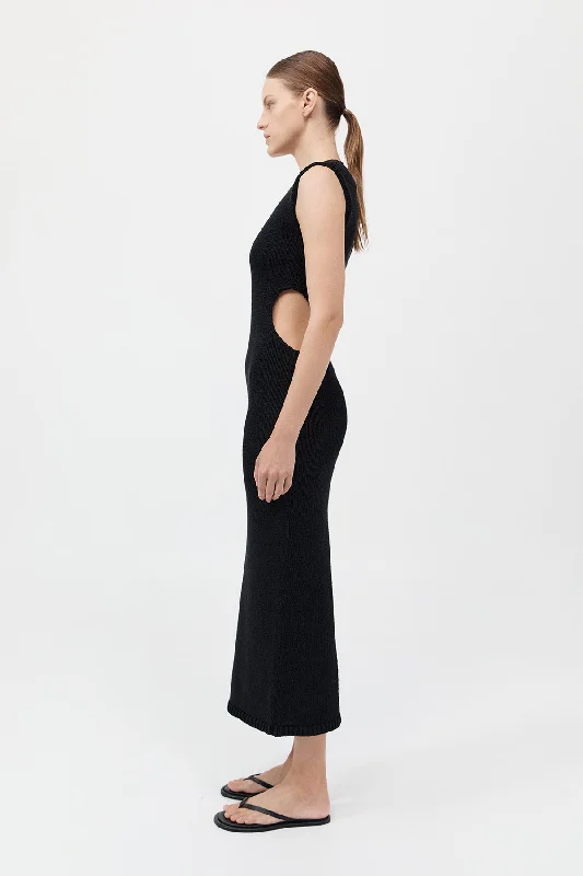 Linen Silk Blend Cut Out Dress - Black