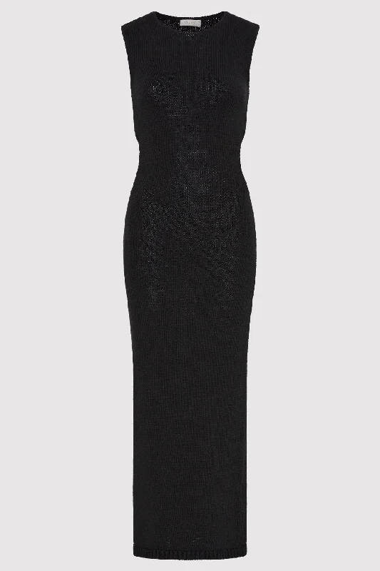 Linen Silk Blend Cut Out Dress - Black