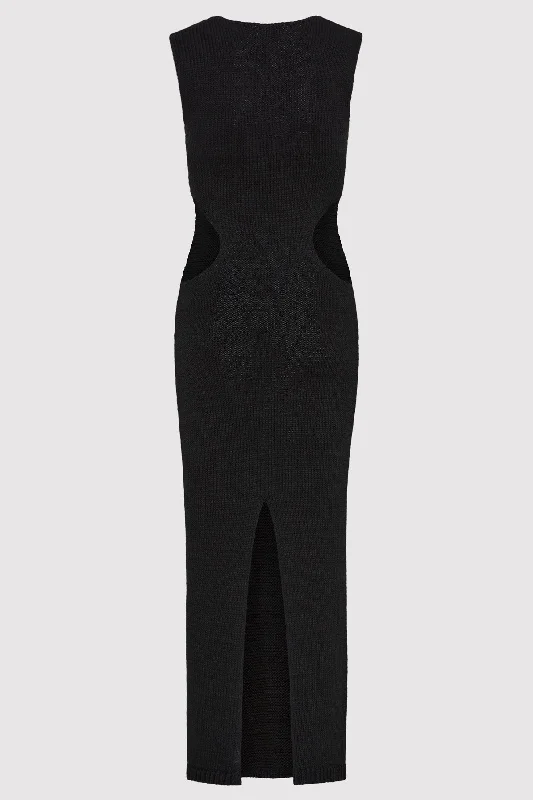 Linen Silk Blend Cut Out Dress - Black