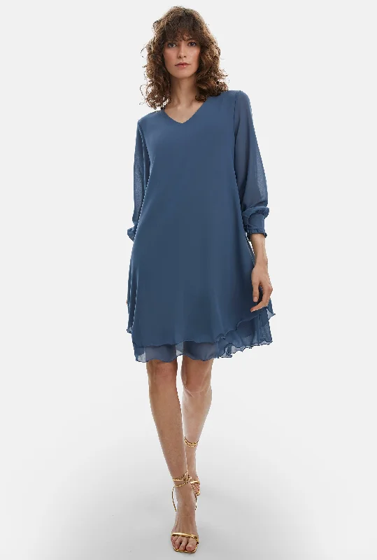 Long Sleeve Denim Wave Hem Dress