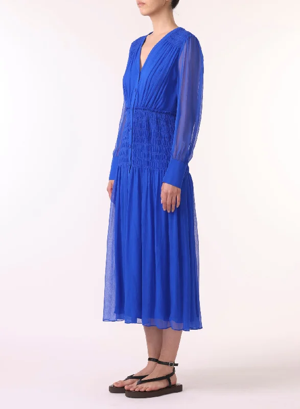 LONG SLEEVE V-NECK CHIFFON DRESS W/SMOCKING DETAIL